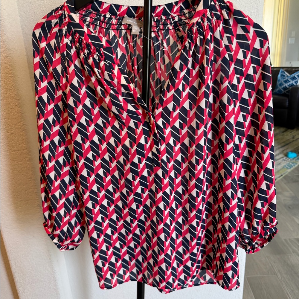 Banana Republic Geometric Print Blouse - Navy & Red XS